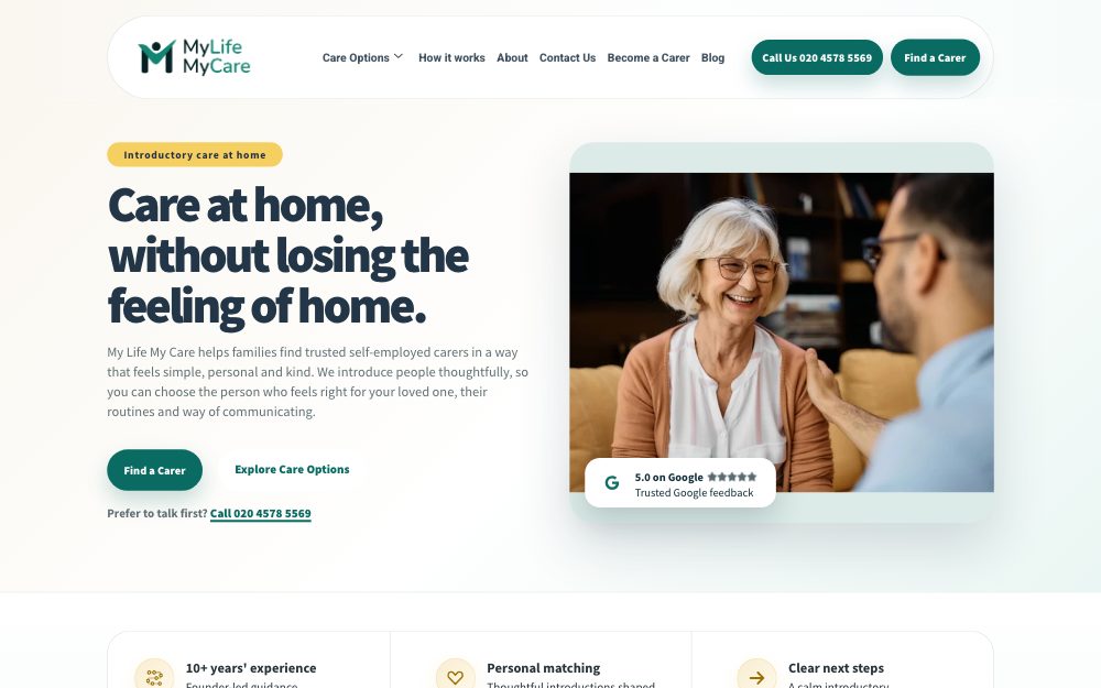 My Life My Care homepage, rebuilt by Polestar Care Marketing